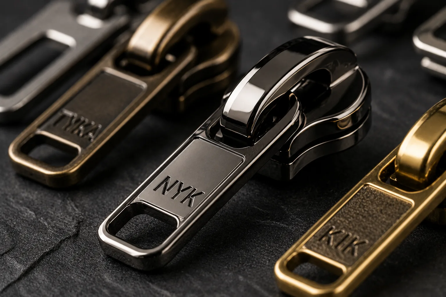 Close-up view of zipper slider surfaces and finishes